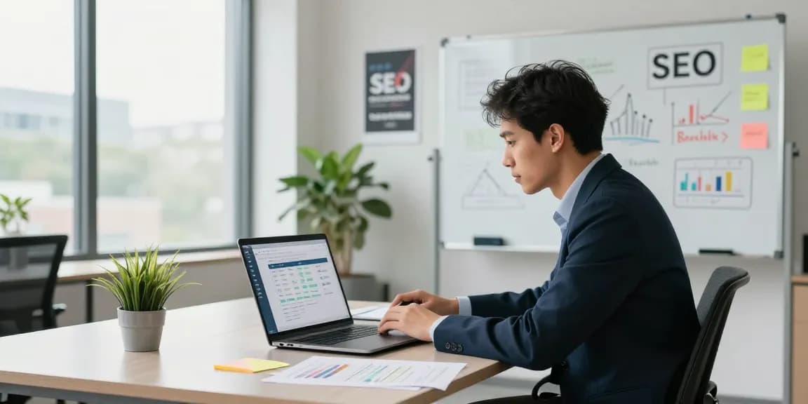 Business professional analyzing SEO backlink services in a modern office setting, focusing on website analytics.