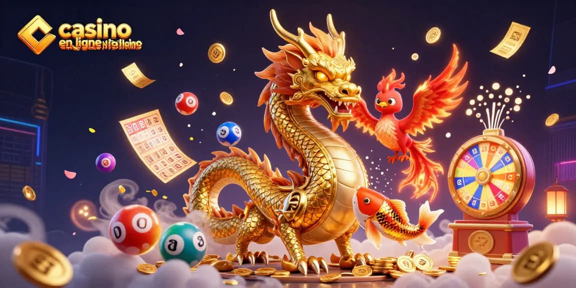 Accédez à des gains fantastiques dans un casino en ligne sans vérification avec un dragon doré et des éléments de loterie.