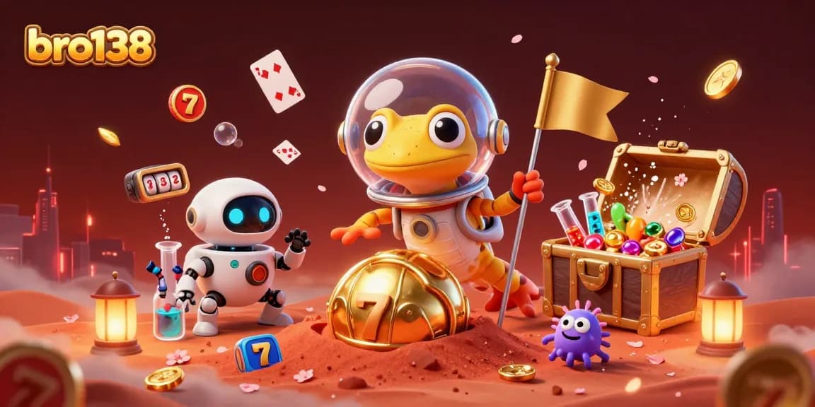 Experience the thrill of slots with bro138, featuring a Martian gecko and a golden casino environment.