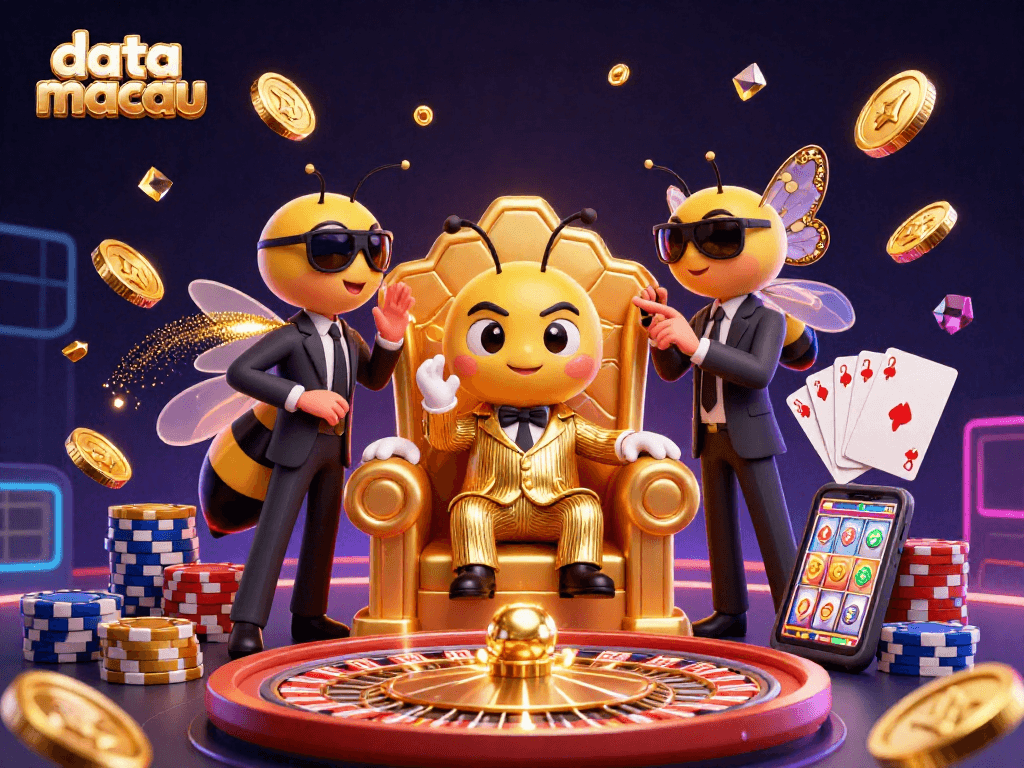 Engage with data macau predictions on an energetic casino scene featuring cartoon characters and vibrant game elements.