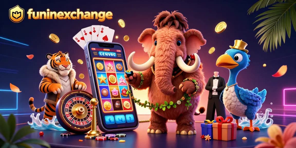 Engage with funinexchange’s thrill through a vibrant scene featuring inviting characters and gaming elements