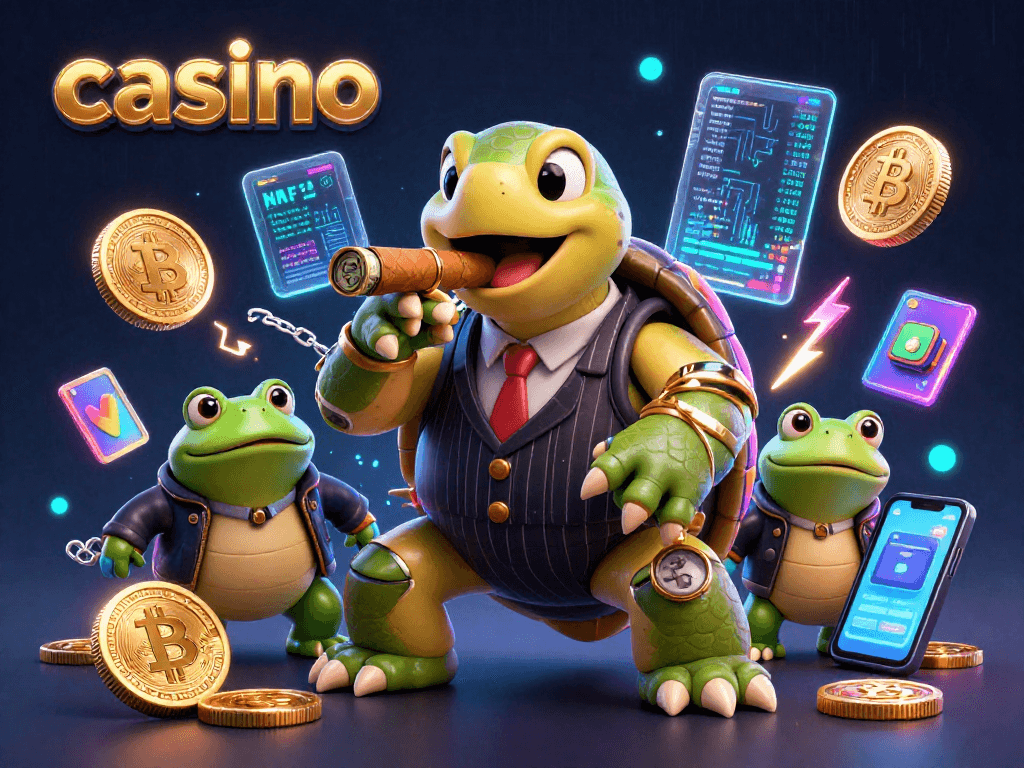 Engage with a captivating casino scene featuring a snapping turtle and bullfrogs amidst vibrant visual elements.