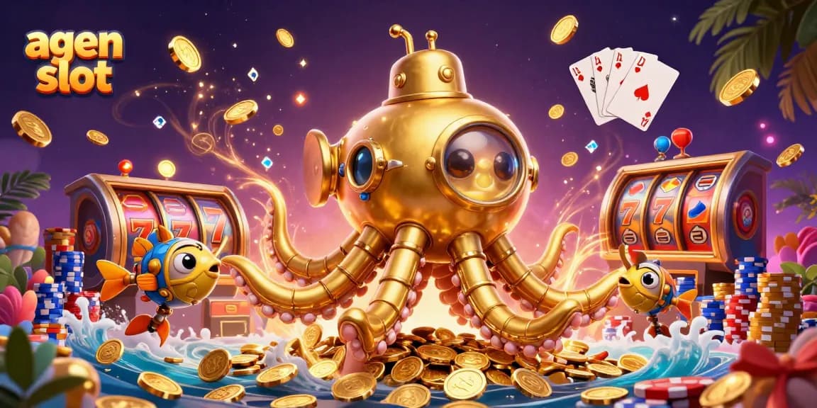 Engage with top agen slot features in an enticing cartoon illustration showcasing golden kraken submarine and slot elements.