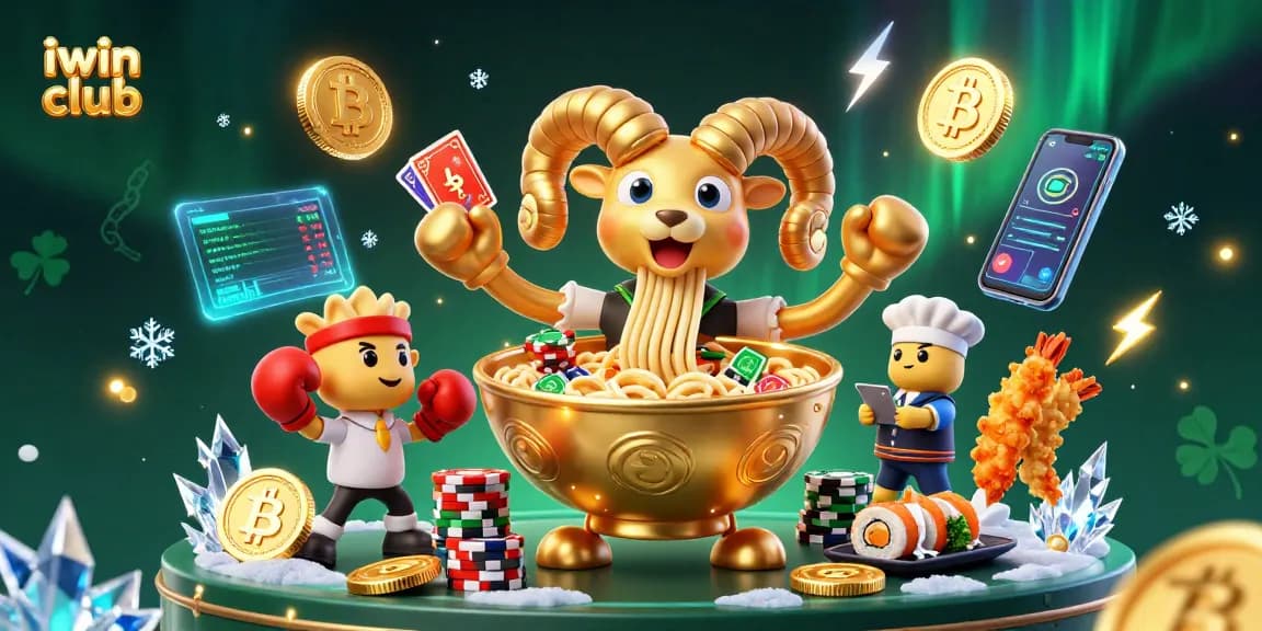 Betting action featuring lively iwin club characters amidst neon crypto elements and casino excitement.