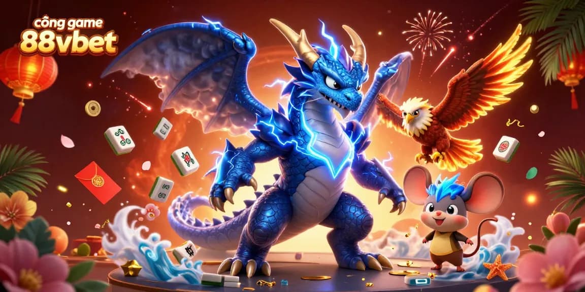 Cổng game 88vbet mang đến không gian vui chơi thú vị với hình ảnh rồng sấm và các biểu tượng game hấp dẫn.