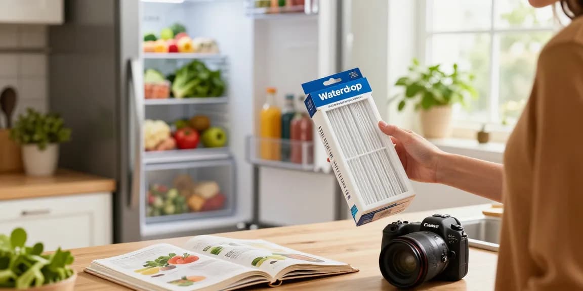 Waterdrop Replacement filter for Frigidaire® & Electrolux® Paultra® Refrigerator Air Filter displayed in a bright kitchen, emphasizing seamless home integration.