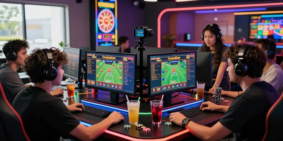 Friends enjoying tambakbet togel in a lively online gaming setup with colorful decor and engaging atmosphere.
