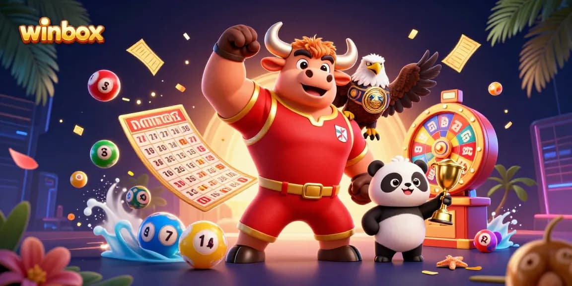 Winbox showcases a vibrant casino scene with a muscular bull, eagle, and panda amidst colorful lottery-inspired elements.