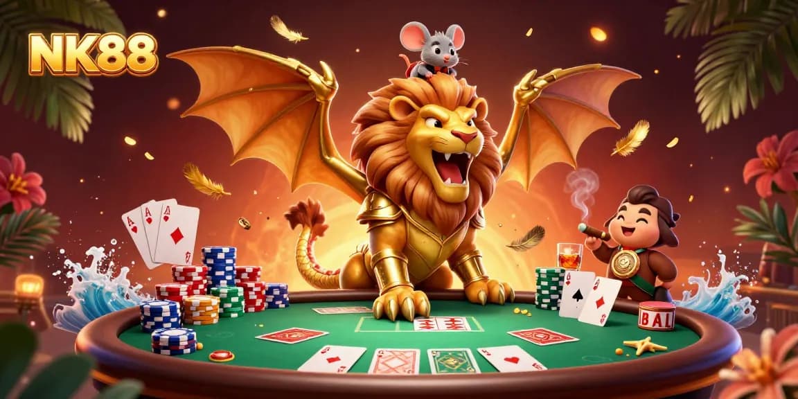 Experience the thrill of NK88 with a triumphant chimera and poker elements in a dynamic casino scene.