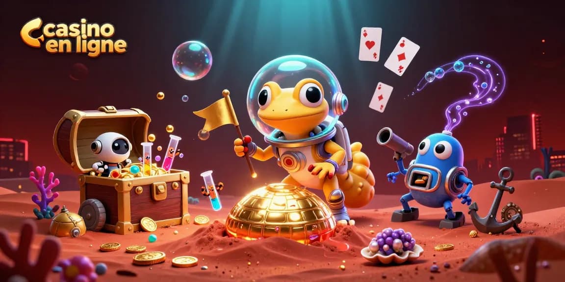 Jouez au casino en ligne avec une illustration détaillée d'un personnage extraterrestre découvrant un casino d'or.