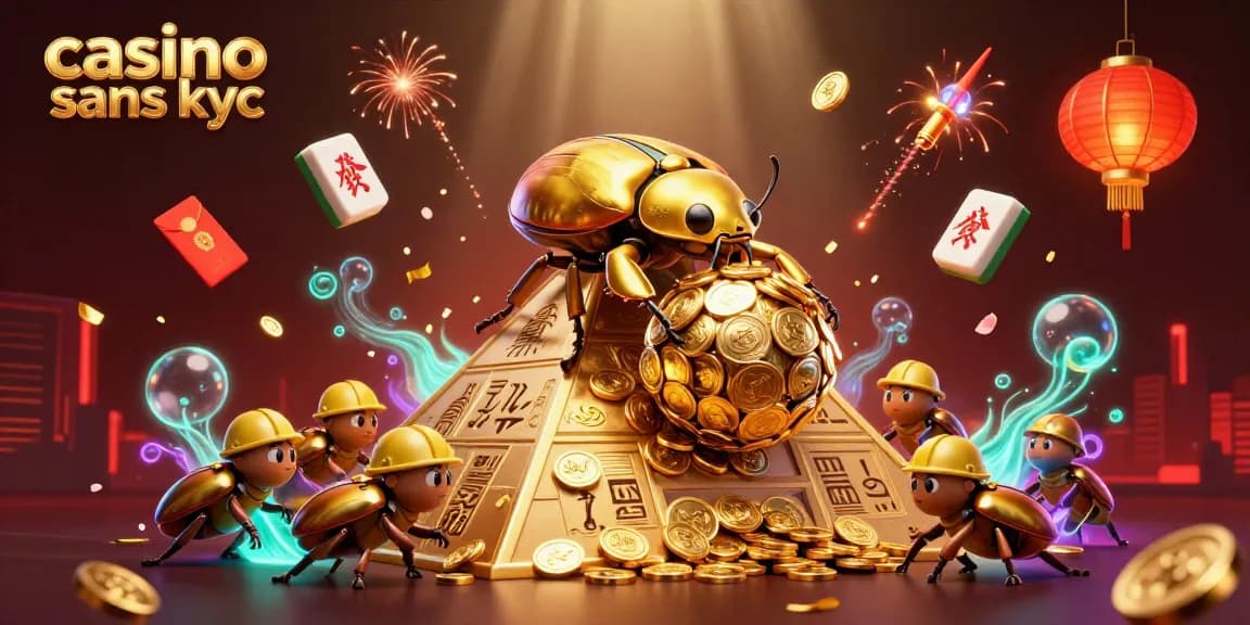 Profitez des jeux dans un casino sans KYC avec des coccinelles dorées et des symboles en or.
