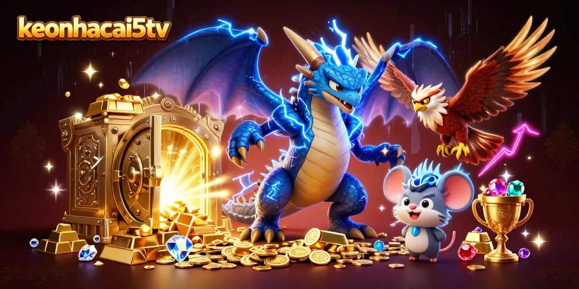 Engage with keonhacai5tv's explosive gaming scene featuring a thunder dragon amid treasures.