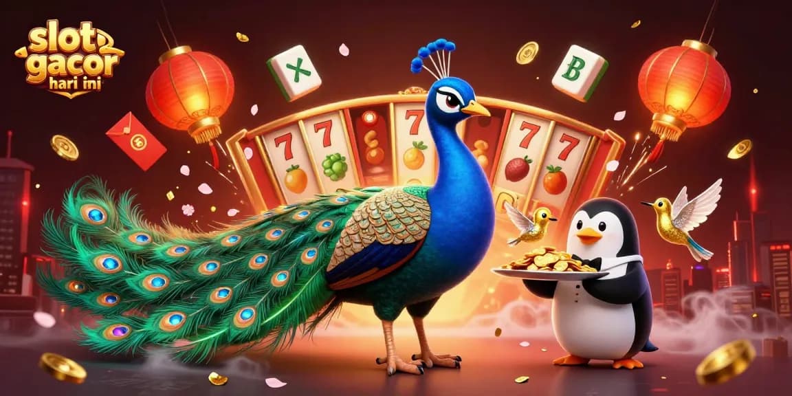 Gambar slot gacor hari ini dengan simbol slot, kartu, dan elemen keberuntungan di sekitarnya.