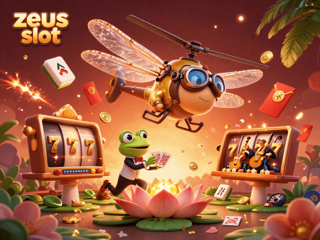 Experience big wins on zeus slot with vibrant 3D scenes of a dragonfly pilot, frog croupier, and spinning reels.