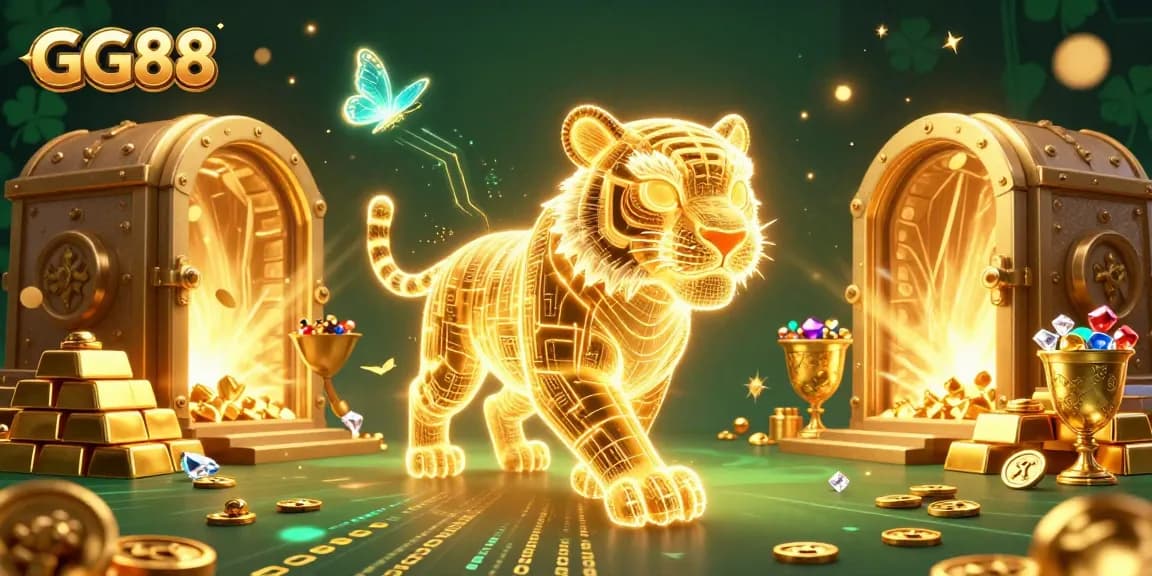 Immerse in GG88's vibrant digital casino landscape, featuring a golden tiger and treasure vault.