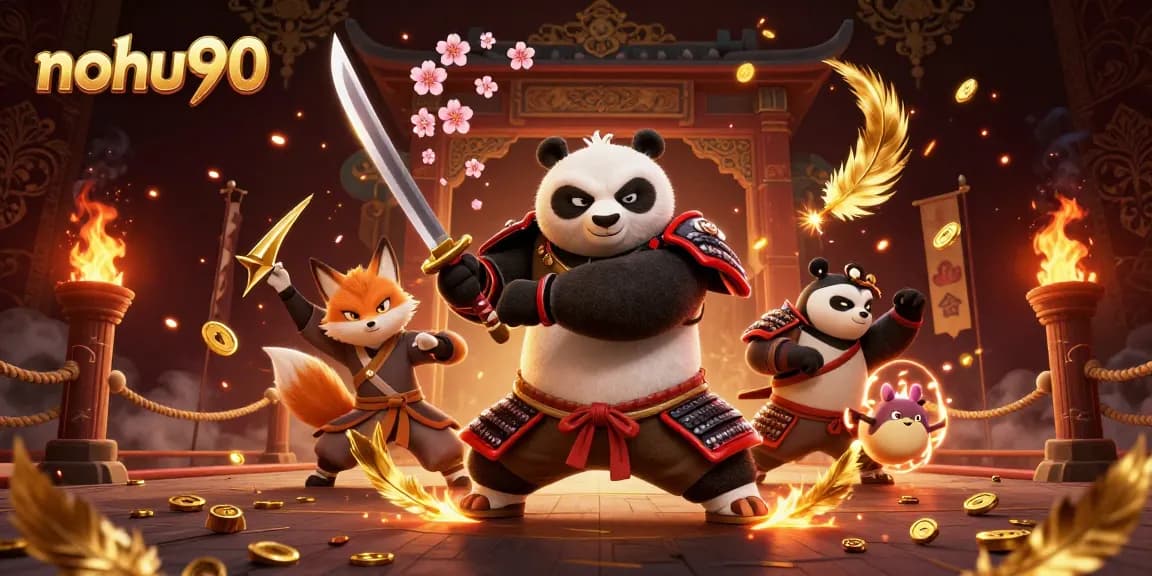 Engage with nohu90 in an exhilarating 3D casino adventure featuring vibrant samurai panda and ninja fox.