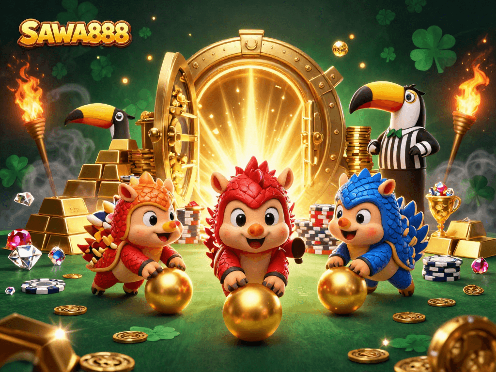 SAWA888 pangolins engage in a dynamic casino game, surrounded by glittering gold and exciting elements.