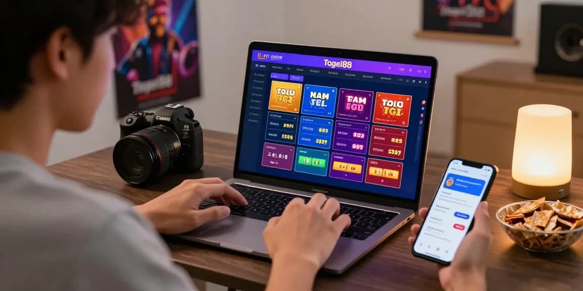 Togel88 Me Login interface displayed on a laptop as a young adult enjoys online betting in a cozy room with snacks.