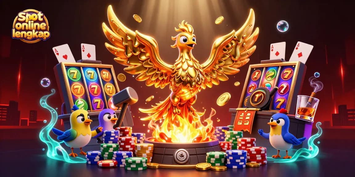 Experience exhilarating gaming with slot online lengkap, showcasing a golden phoenix amidst dynamic casino elements.