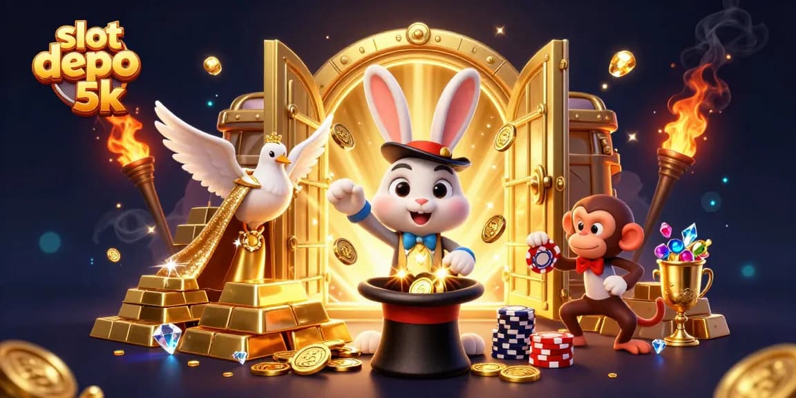 Experience the thrill of slot depo 5k with golden coins, treasures, and vivid gambling elements.