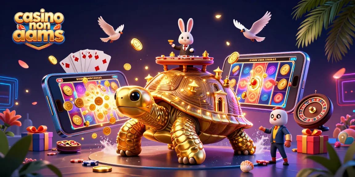 Scopri l'emozione in un casino non aams con una vibrante scena 3D che presenta una tartaruga dorata e un croupier coniglio.