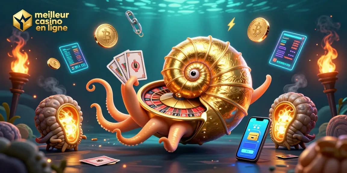 Plongez dans le meilleur casino en ligne avec une illustration de nautilus et des éléments de cryptomonnaie.