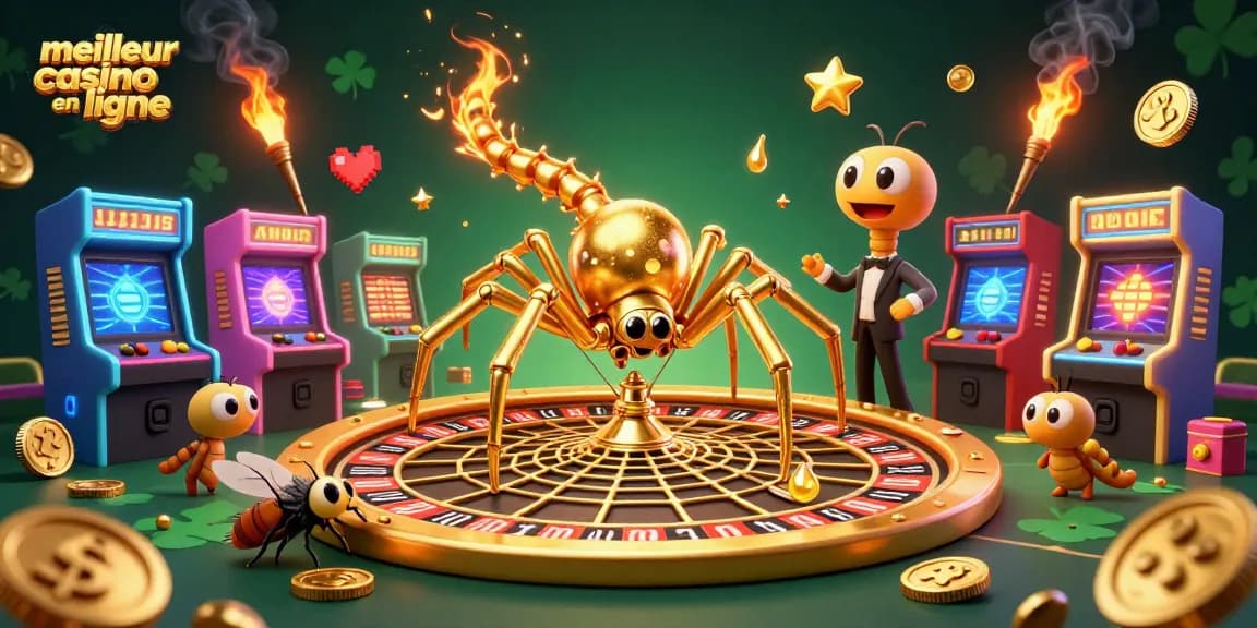 Placer des paris au meilleur casino en ligne avec une araignée dorée et un croupier mille-pattes.