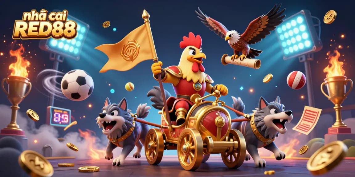 Bet on victory with nhà cái RED88 in an engaging, dynamic casino illustration featuring a rooster warlord and sports elements.