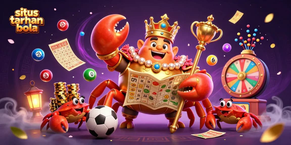 Experience situs taruhan bola excitement with a golden crab emperor leading a thrilling sports betting scene full of vibrant gaming elements.