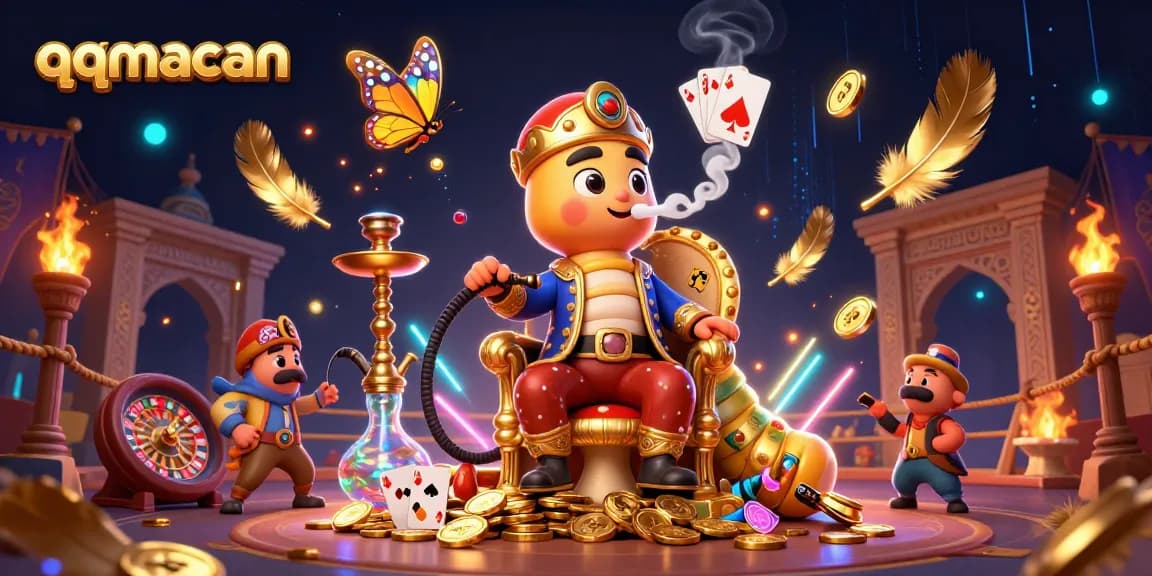 Engage in thrilling gameplay at qqmacan with a vibrant 3D casino scene featuring poker elements and dynamic visuals.
