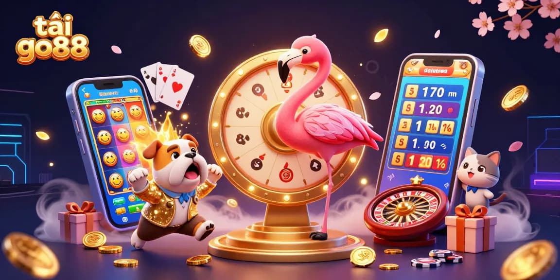 Engage with tải go88 featuring a vibrant game show scene with dynamic characters and exciting prizes.