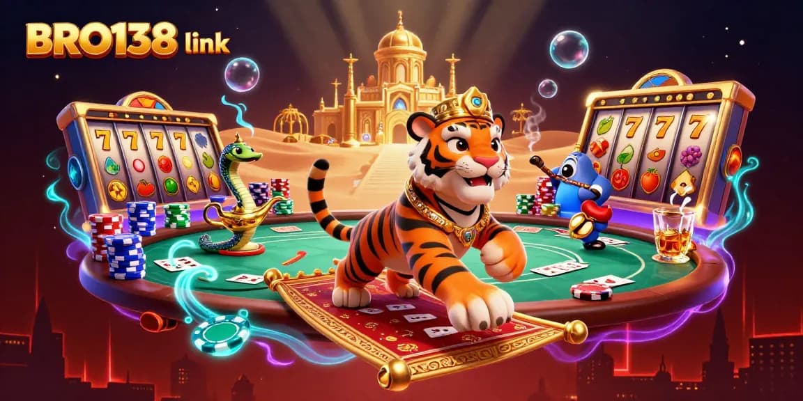Experience the excitement of BRO138 link with a vibrant 3D casino scene featuring slot reels and a tiger sultan.