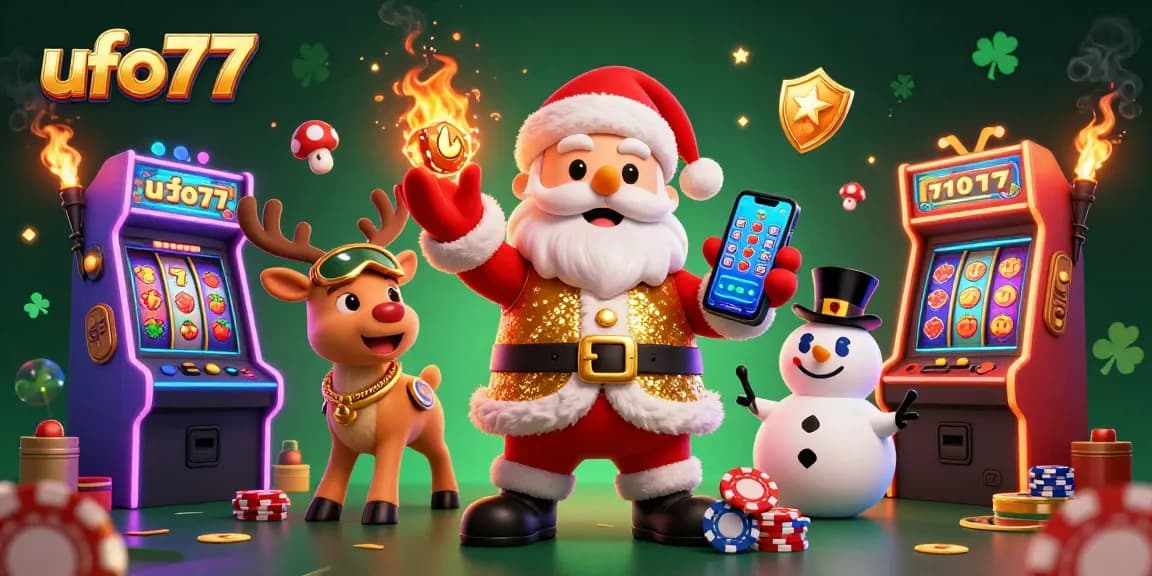 Win big with ufo77 in a colorful 3D casino scene featuring Santa, his reindeer, and a snowman!