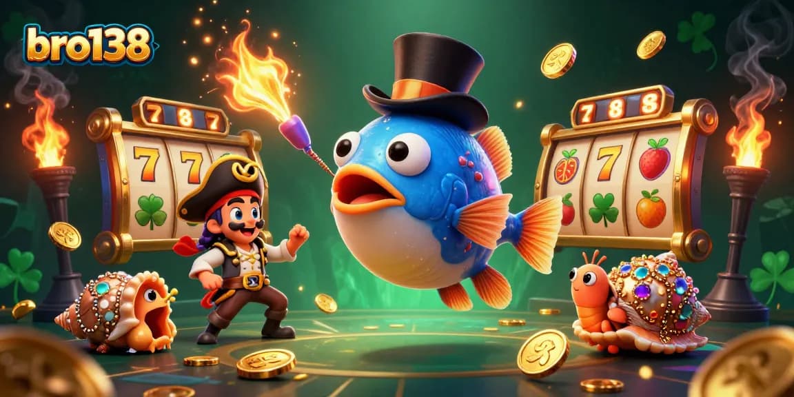Play slots at bro138 with a dynamic 3D scene full of colorful coins and characters.