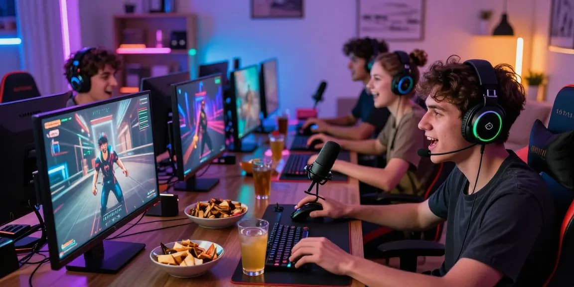 Pengalaman bermain game online dengan JURAGAN77 yang seru, menampilkan pemain muda dalam suasana kompetitif.