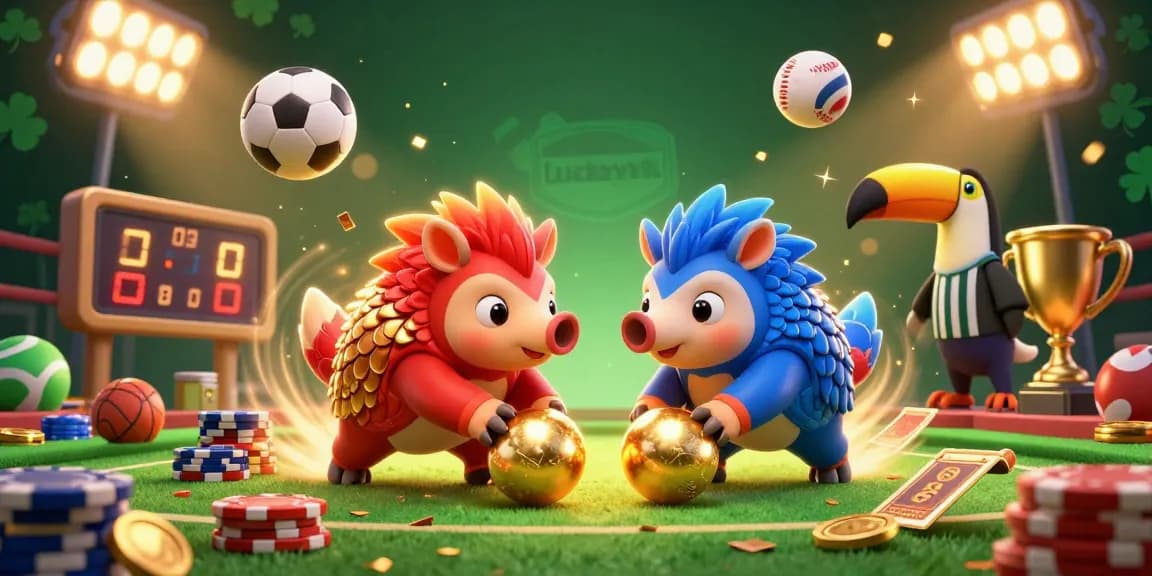 Experience the thrill of Luckywin with vibrant pangolins bowling through poker chips in a dynamic casino scene.