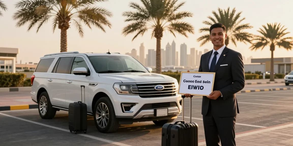 Luxury airport pickup Dubai with a chauffeur welcoming passengers at the airport.
