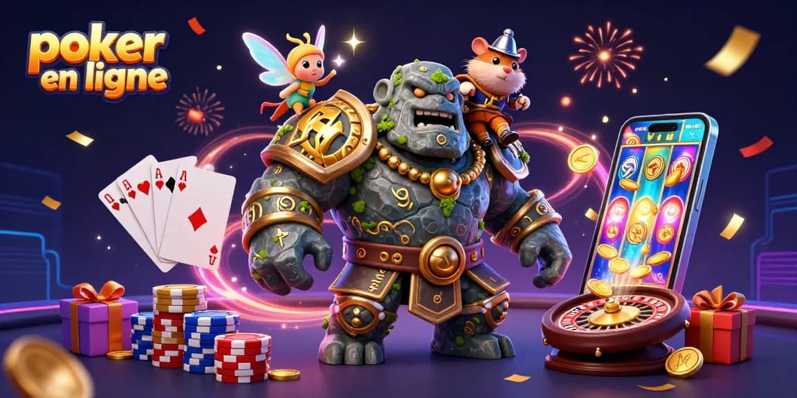 Jouer au poker en ligne avec des personnages fantastiques dans une scène dynamique et colorée.