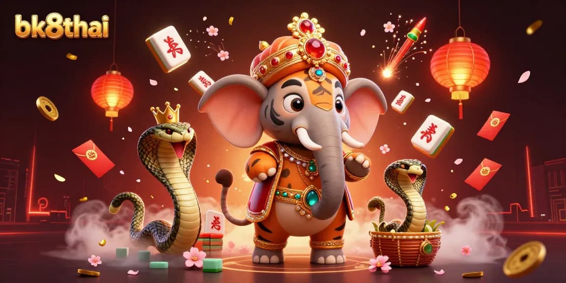 Experience the thrill of bk8thai with a dynamic 3D illustration showcasing vibrant casino elements and characters.