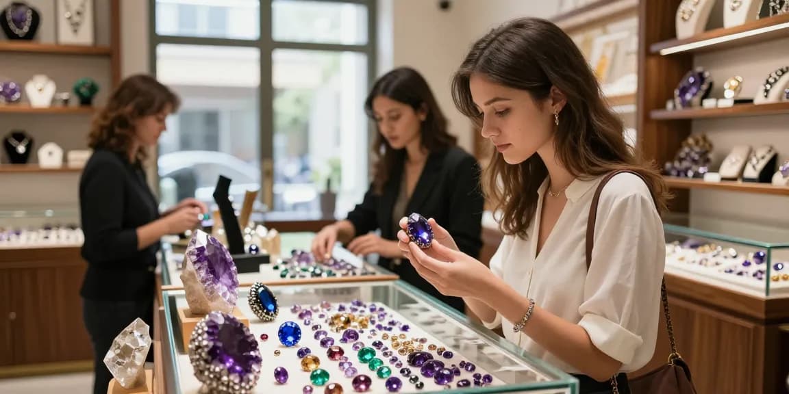 Explore beautiful gemstones like amethysts at https://www.mygemspot.com in a vibrant retail setting.