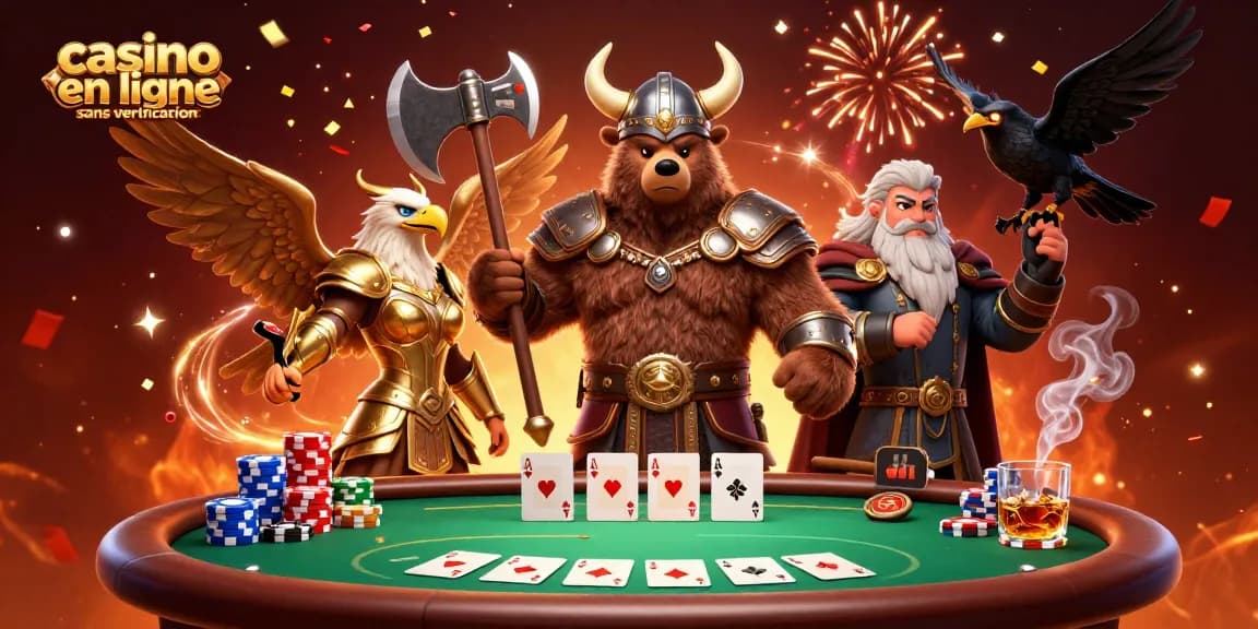 Table de poker remplie de jetons et cartes, capturant l'esprit du casino en ligne sans vérification.