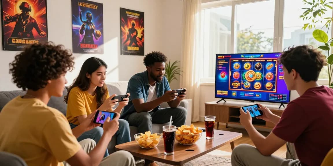 Exciting gaming scene with friends enjoying deposit pulsa tanpa potongan slots, lively atmosphere, and vibrant visuals.
