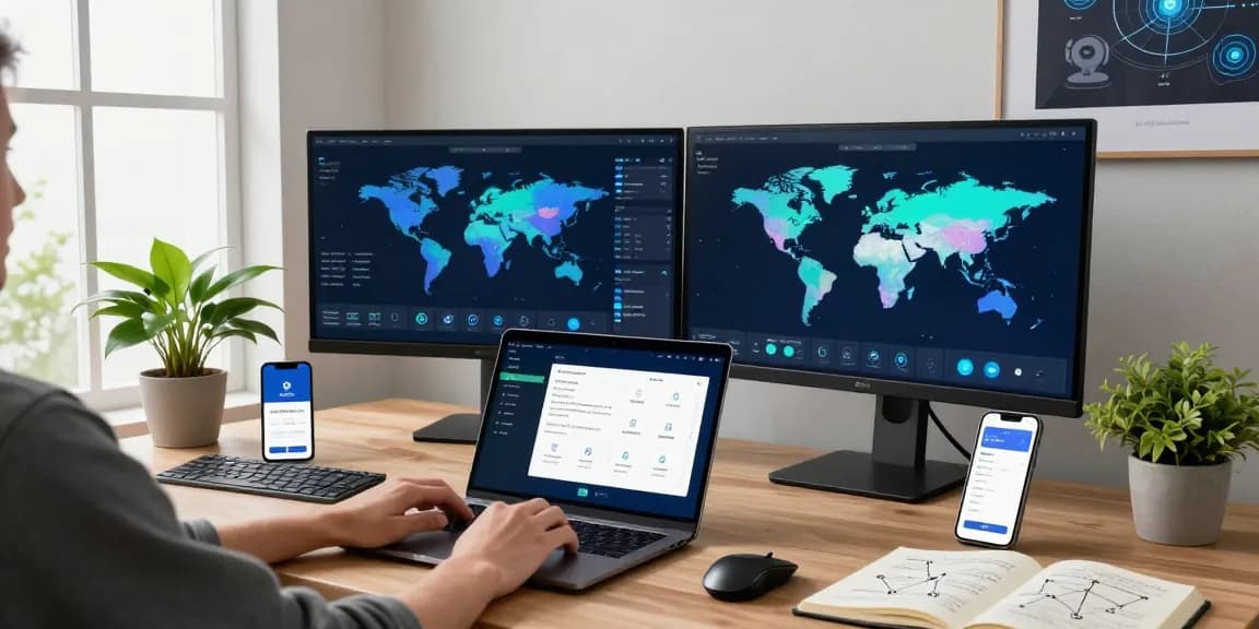 快连 app in use on a laptop in a modern home office, showcasing seamless internet connectivity and cybersecurity.