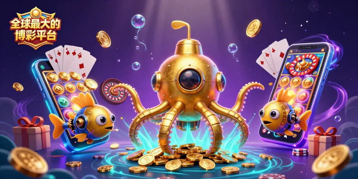 在全球最大的博彩平台上，金色章魚潛艇和機械魚在黃金硬幣海洋中互動，展現出豐富的賭博世界。