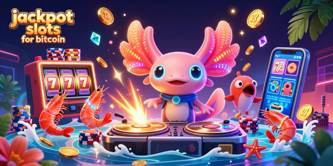 Win big with jackpot slots for bitcoin featuring vibrant characters, coins, and slot reels.