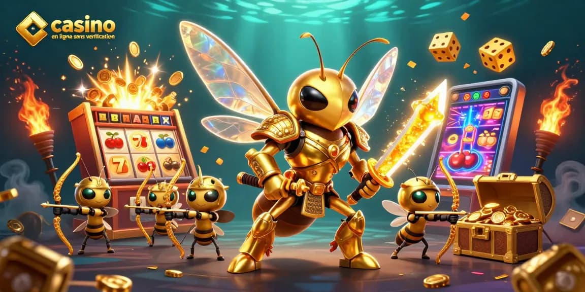 Illustration dynamique de casino en ligne sans vérification avec une scène animée de jeux et de personnages.