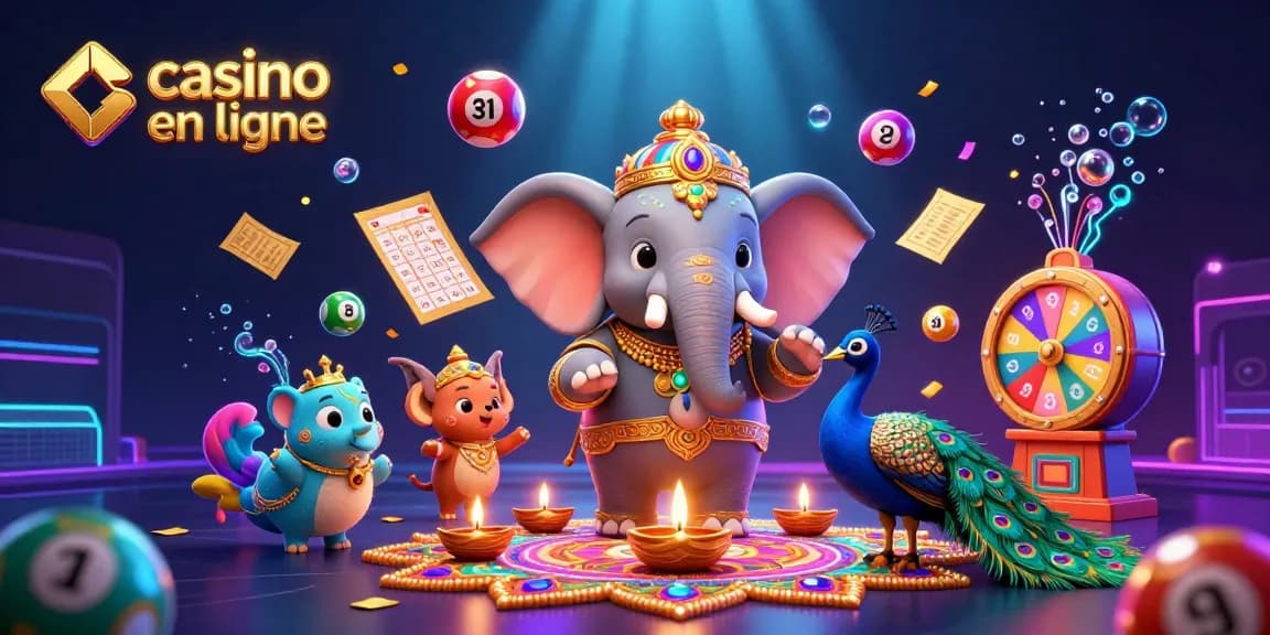 Participez à des activités de casino en ligne passionnantes avec un éléphant 3D vibrant et des éléments de jeu colorés.