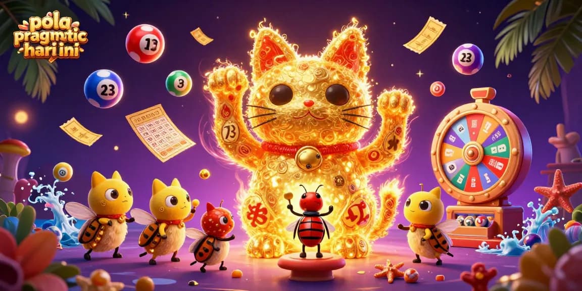 Pola pragmatic hari ini illustrated with a golden lucky cat and dynamic casino elements for thrilling gaming action.