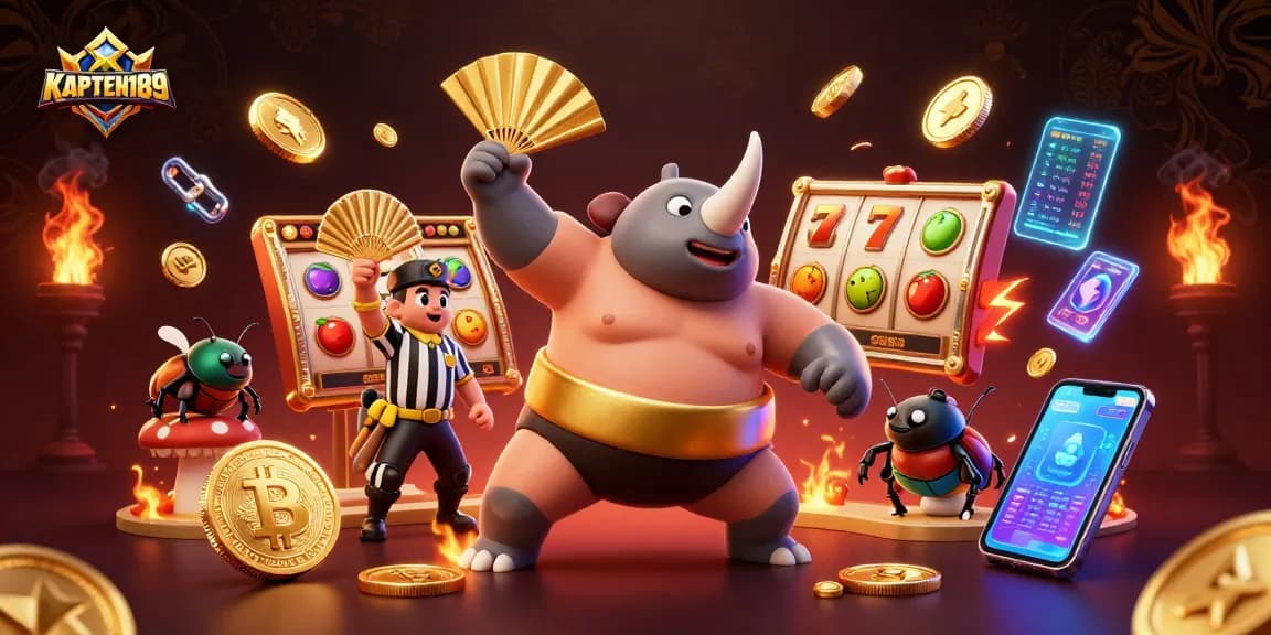 KAPTEN189 menghadirkan pemandangan penuh aksi dengan juara sumo, koin emas, dan simbol slot saat Anda bermain.