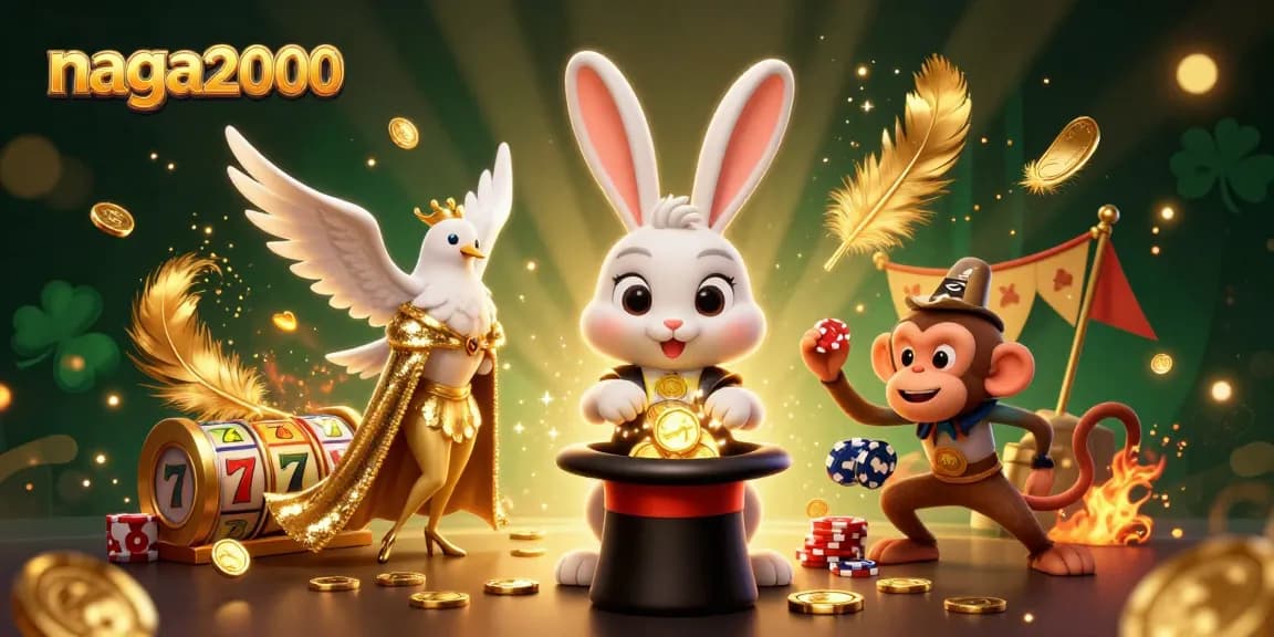 Aksi menarik di naga2000 dengan koin emas, simbol slot, dan karakter lucu di kasino.